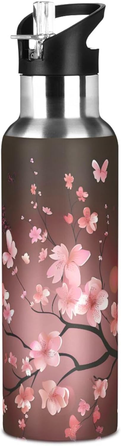 ALAZA Cherry Blossom Pattern Water Bottle with Straw Lid Vacuum Insulated Stainless Steel Thermo Flask Water Bottle 20oz