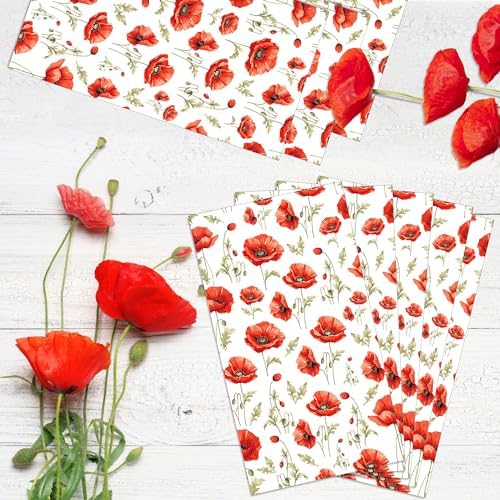 200PCS Poppy Floral Paper Napkins - 4.5" x 8" Folded Red Poppies Flowers Disposable Guest Napkins, Decorative Hand Napkin for Poppies Party Supplies, Dinner, Wedding, Birthday, Garden Party