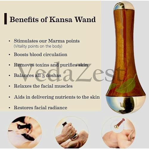 Face Acupoint Kansa Wand Massager with Teak Wood Handle for Detoxification and Deep Relaxation (Natural KANSA 2 in 1) Size: 4.5 DSN