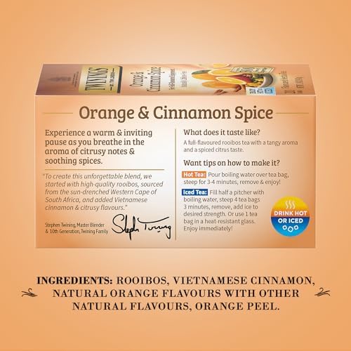 Twinings Orange & Cinnamon Spice Tea, Naturally Caffeine-Free Sweet and Spicy Tea with Rooibos, Orange, and Cinnamon, Herbal Tea Bags Individually Wrapped, 20 Count