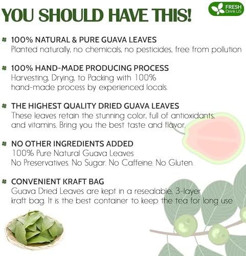 FreshDrinkUS, Premium 100+ Natural Guava Leaves, Whole Dried Leaves, 100% Pure, Natural Guava Loose Leaf Herbal Tea, No Additives, No Caffeine, Vegan