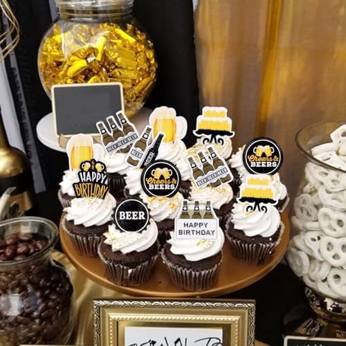 48PCS Edible Cheers Beers Cupcake Toppers Beer Mug Happy Birthday Cupcake Picks for Beer Festival Party Cheers To 30th 40th 50th 60th Birthday Cake Decorations Beers Party Supplies