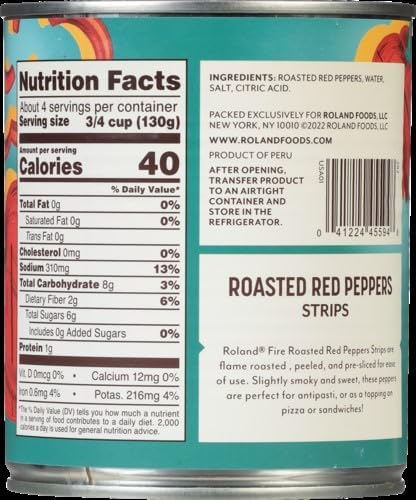Roland Foods Fire-Roasted Red Pepper Strips, Specialty Imported Food, 28 Ounce Can, Pack of 4