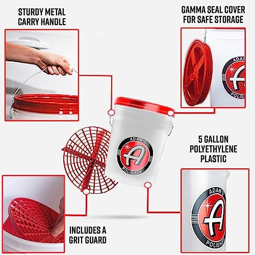 Adam's Polishes Car Wash Bucket (5 Gallon Bucket + Grit Guard + Gamma Seal Lid), Perfect Car Tool for Washing & Garage Storage, Stores Car Wash Soap, Foam Cannon, Foam Gun, Microfiber Towels & More