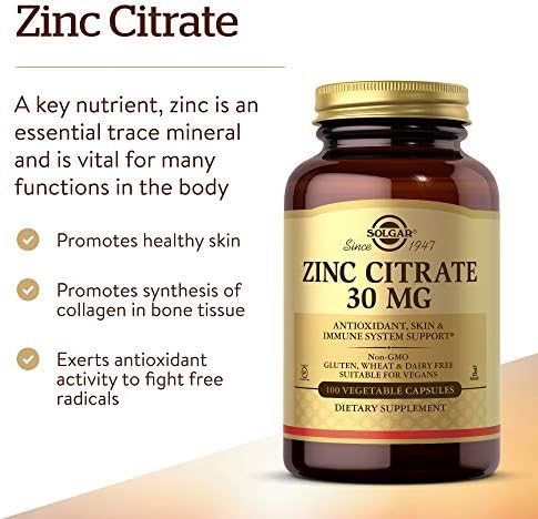 Solgar Zinc Citrate Vegetable Capsules, 100 Count, Non-GMO, Gluten Free, and Kosher, Supports Immune System Health, Healthy Skin and Eyes, Normal Taste and Vision