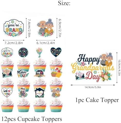 Happy Grandparents Day Cake & Cupcake Toppers Set – 1PC Love Grandma & Grandpa Cake Topper + 12PCS Cupcake Picks – Retirement, Birthday, Anniversary Elderly Party Decorations