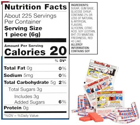 Bazooka Bubble Gum Bulk, 225 Count Tub of Chewing Gum Individually Wrapped, Old Fashioned 90's Candy for Baseball, Party Favors, Goodie Bags