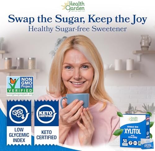 Health Garden Birch Xylitol Sweetener, 50 Packets – 100% Birch-Derived Xylitol Sugar Substitute for Baking & Coffee, 1:1 Sugar Replacement, Supports Teeth, Keto, Vegan, Non-GMO