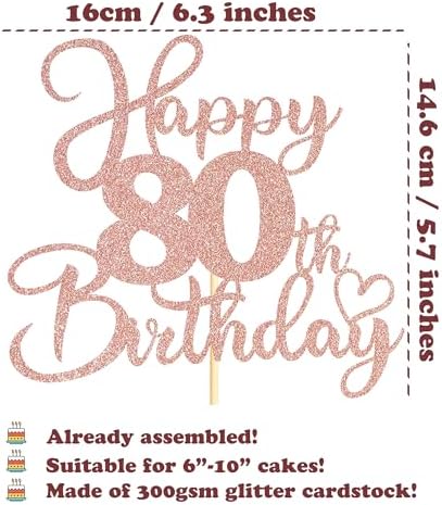 Sotpot 1 Pack 80th Birthday Cake Topper Double-sided Rose Gold Glitter Cake Pick Cake Decoration for Happy 80th Birthday Anniversary Party Decorations