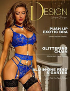 RSLOVE Women's Lingerie Sets with Garter Belt 3 Piece Sexy Lace High Waist Bra and Panty Set Push Up Exotic Sleepwear