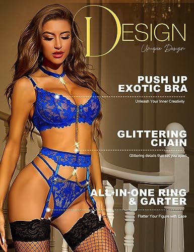 RSLOVE Women's Lingerie Sets with Garter Belt 3 Piece Sexy Lace High Waist Bra and Panty Set Push Up Exotic Sleepwear