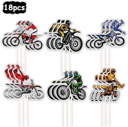18pcs Dirt Bike Cupcake Toppers,Motocross Motorcycle Racing Car Cupcake Picks, Extreme Sports Racing Themed Birthday Party Decorations
