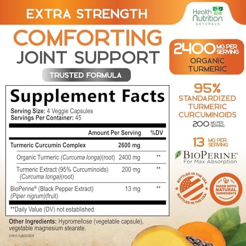 Turmeric Curcumin Supplement 2600mg - 95% Curcuminoids with Organic Turmeric & BioPerine Black Pepper for Best Absorption, Nature's Vegan Joint Support, Non-GMO Tumeric, Bottled in USA - 180 Capsules