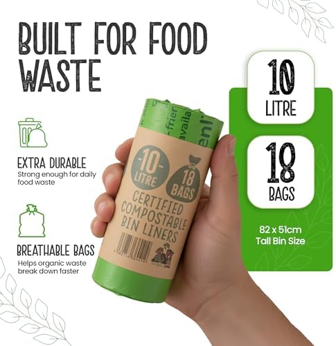 Eco Green Living 10 Litre Compostable Bin Liners, Plastic Free & Recyclable Caddy Bags for Food Waste, Leak Resistant Small Bin Liners, 51 x 82 cm - 6 Pack (108 Bags)
