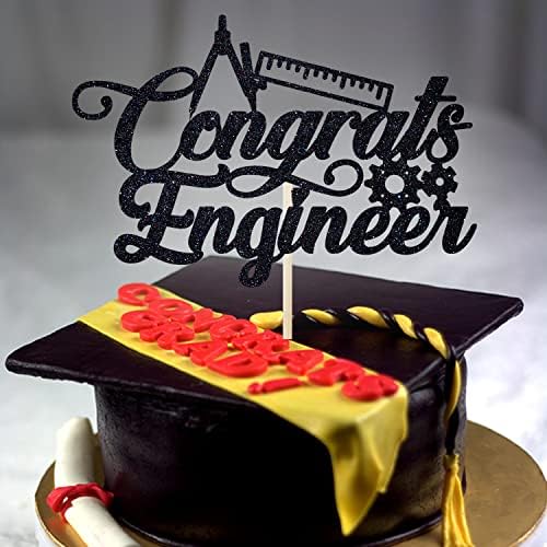 Congrats Engineer Cake Topper - Future Engineer/So Proud of You - Class of 2026 College Engineering Graduate Party Decoration Supplies, Black Glitter