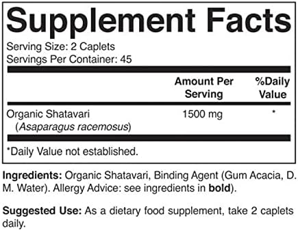 Brieofood Organic Shatavari 1500mg, 45 Servings, Vegetarian, Gluten Free, 90 Vegetarian Tablets