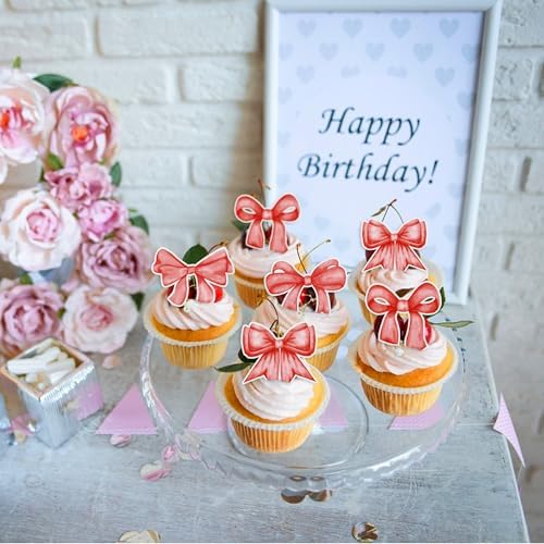 40pcs Edible Red Bowknot Cupcake Toppers Wafer Paper Bowknot Cake Dessert Picks Baby Shower Princess Cupcake Toppers for Birthday Party Decoration Supplies