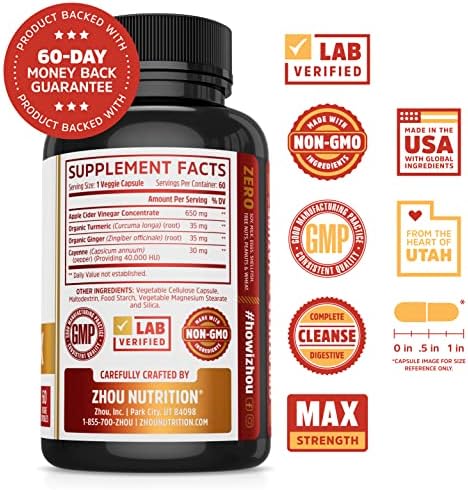 Zhou Cider Detox - Apple Cider Vinegar Capsules with Mother, Raw Natural ACV Pills for Women & Men, Herbal Complex Supplement with Turmeric & Cayenne Pepper - 60 Vegan Capsules