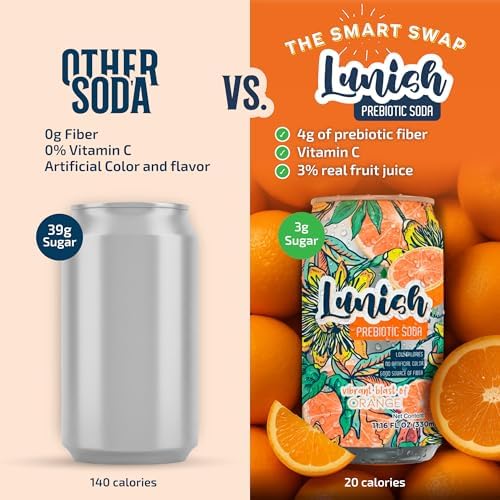 Lunish Prebiotic Soda Orange, Light & Refreshing Low Sugar Soda with 4g Prebiotic Fiber, Apple Cider Vinegar, 20 Calories, 12 Pack