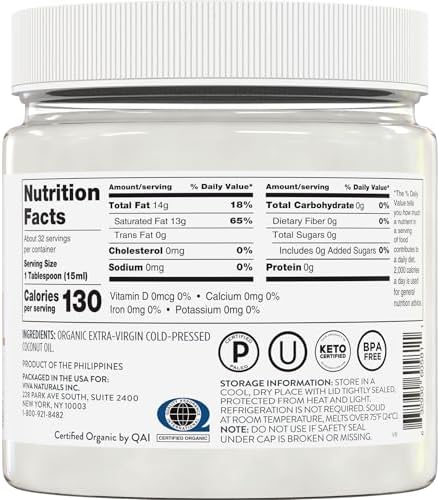 Viva Naturals Organic Coconut Oil, 16 fl oz – Unrefined, Cold-Pressed Extra Virgin Coconut Oil, USDA Organic & Non-GMO, Natural Cooking Oil, Hair Oil & Skin Oil