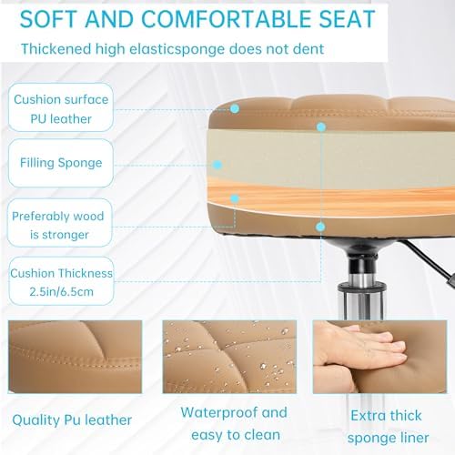 IBVIVIC PU Leather Rolling Stool Height Adjustable Round Swivel Stools for Spa Salon Massage Work Chair with Foot Rest Brown