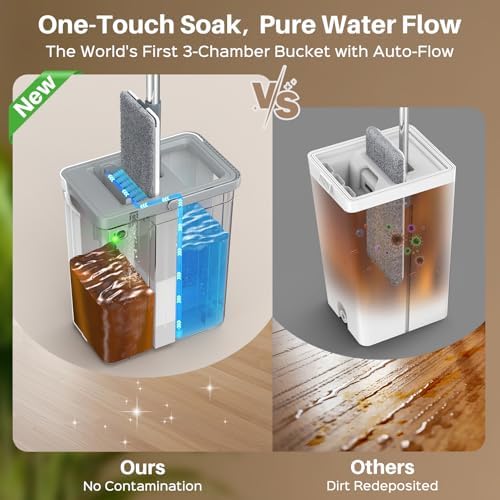 Mop and Bucket Set with AUTO Pump, 3-Zone Separate Dirty and Clean Water, Flat Mop and Bucket System with Wringer and Wheels, 3 Reusable Microfiber Pads, One-Touch Water Filling for Home Cleaning