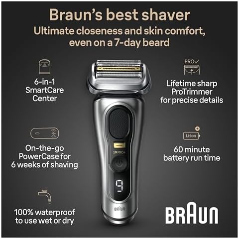 Braun Series 9 PRO+ 9577cc Electric Razor for Men, 5 Pro Shave Elements & Precision Long Hair Trimmer, 6in1 SmartCare Center, PowerCase for Mobile Charging, Wet & Dry, 60min Battery Runtime