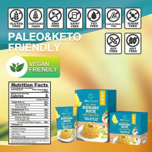 Shirataki Rice, DIET COOKER Konjac Rice 10 Pack Inside, Keto & Vegan Friendly, 9.52 oz, Odor Free, Low Calorie, Zero Net Carbs, Slim Rice Healthy Diet Food with Oat Fiber