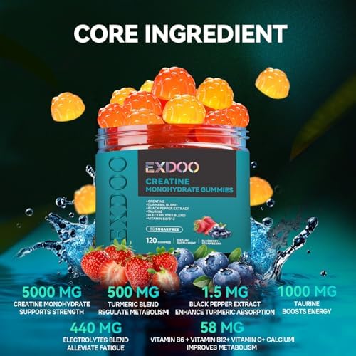 Creatine Monohydrate Gummies with Turmeric for Men and Women Creatine with Taurine Electrolyte for Strength Energy&Muscle Support Pre-Workout Gummies Sugar Free 120pcs