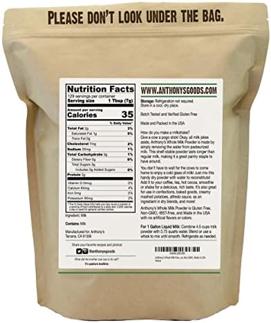 Anthony's Whole Milk Powder, 2 lb, Gluten Free, Non GMO, Made in USA