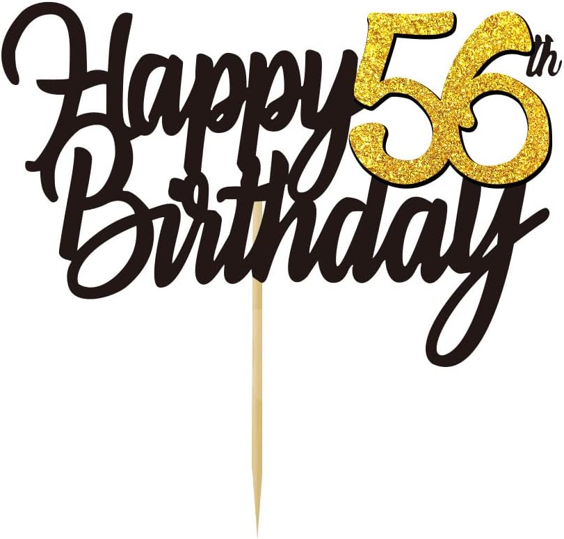 Happy 56th Birthday Cake Toppers Glitter 56th Anniversary Cake Topper 56 Years Loved Bday Decorations 56 Gold Birthday Cake Decorations Fifty-six Party Supplies for Women Men(Black Gold)