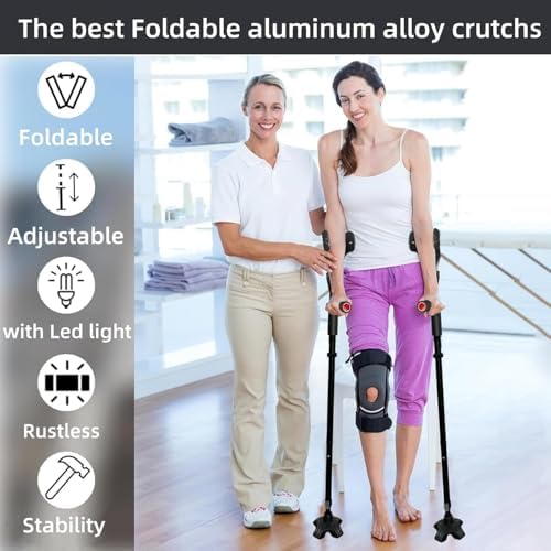 2 Pcs Forearm Crutch for Adults with Light, Foldable Lightweight and Adjustable with Handle Pads, Aluminum Crutches for Heavy Duty Work Walking (Black)