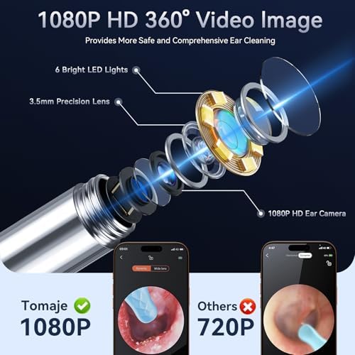 Tomaje Ear Wax Removal Tool Camera, Ear Cleaner with Camera, Ear Wax Removal Kit, 1080P HD Ear Camera, Earwax Removal Kit with Camera and 6 LED Light, 6 Ear Pick & Ear Set for iOS & Android, Black