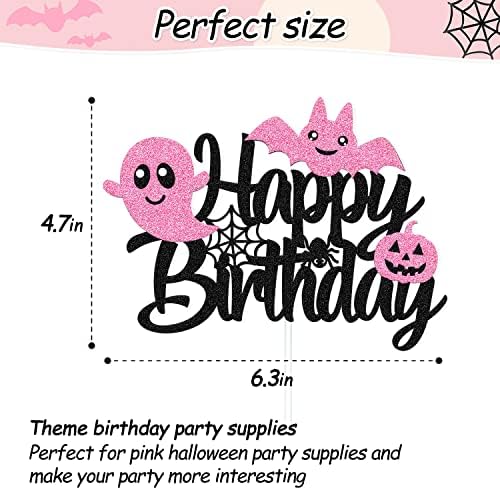 Halloween Cake Topper Happy Birthday Cake Decoration Halloween Ghost Bat Pumpkin Spooky Witches Theme for Birthday Party Pink and Black Decoration