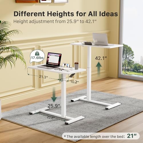 Gibbon Mounts Mobile Standing Desk, Pneumatic Adjustable Rolling Desk(31.5 Inches), Portable Laptop Desk with Wheels, Overbed Bedside Table Laptop Table for Couch, Home, Office, White