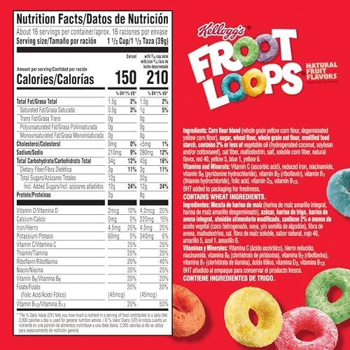 Kellogg's Froot Loops Breakfast Cereal, Good Source of Fiber, 15g Whole Grains, Giant Size, 23 oz