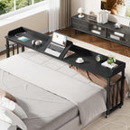 Overbed Table with Wheels and Height Adjustable, 87 inch King Size Bed Table with Adjustable Tilt Board, Mobile Laptop Cart Computer Desk with Outlets & USB Ports, Black