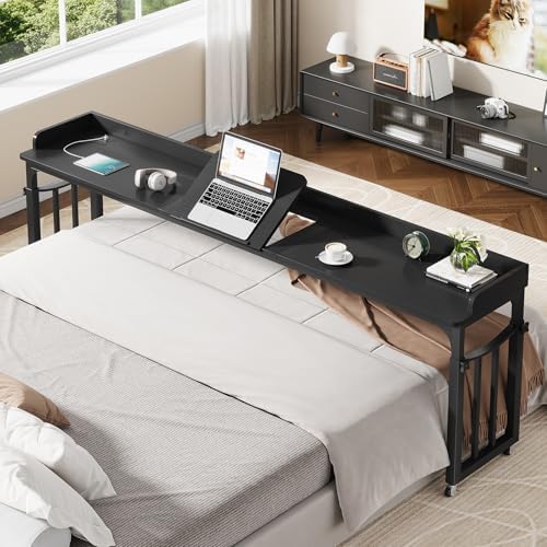 Overbed Table with Wheels and Height Adjustable, 87 inch King Size Bed Table with Adjustable Tilt Board, Mobile Laptop Cart Computer Desk with Outlets & USB Ports, Black
