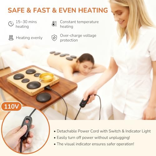 Hot Stones Massage Set with Warmer Kit, 6PCS Electric Hot Rocks Basalt Stones Massager for for Home Spa Warming Therapy Muscle Relaxing