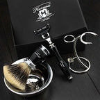 4 Pc Mens Shaving Kit 3 Edge Razor With Silver Tip Badger Hair Shaving Brush, Stand and Stainless Steel Bowl Perfect Set For Men