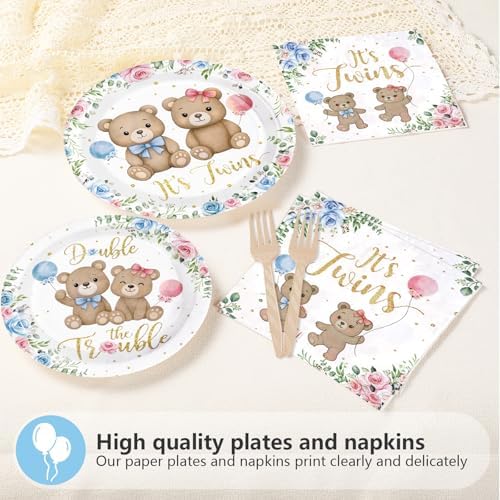 96Pcs Twin Baby Shower Party Decorations Twin Bear Paper Plates and Napkins It's Twins Double the Trouble Disposable Tableware Set for Twins Gender Reveal Boys Girls Birthday Party Supplies, Serve 24