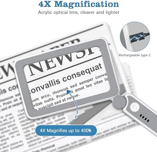 MoKo Magnifying Glass for Reading, Rechargeable 4X Full Page Book Magnifier, Magnifying Glass with Light 3 Modes, Folding Handheld Reading Magnifiers for Seniors Elderly Low Visions,Gray