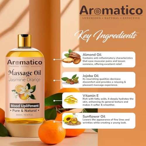 AROMATICO Massage Oil for Massage Therapy with Jasmine & Orange Essential Oils. Infused with Sesame, Almond & Jojoba Oils. Full Body Massage Oil for Mood Upliftment – 10 Fl Oz