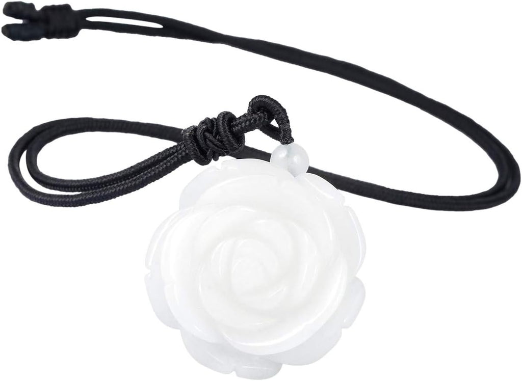 Nupuyai Hand Carved Flower Stone Pendant Necklace for Women, Handcraft Rose Pendant with Chain for Mom Adjustable 27.5"