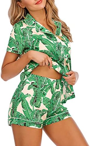 Rubehoow Women's Silk Satin Pajamas Set Button Up Short Sleeve Sleep Shirt and Elastic Wasit Shorts Pjs Set