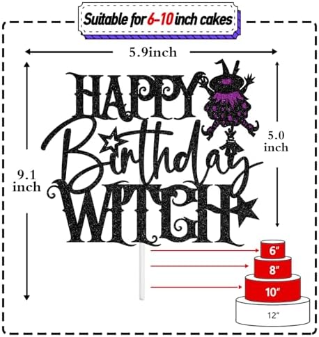 Happy Birthday Witch Cake Topper, Hocus Pocus Theme Cake Decor, Halloween Birthday Party Decorations Supplies for Girls Women, Black and Purple Glitter