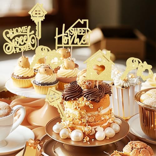 30PCS Sweet Home Cupcake Toppers - Gold Glitter Key House Warming Gifts New Home Party Decoration Housewarming Cake Picks New Home Theme Cake Party Supplies Decor
