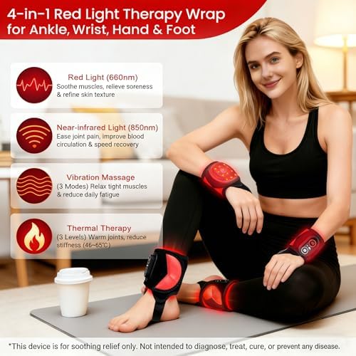 Cordless Red Light Therapy for Ankle Massager Heating Pad, 660nm Red & 850nm Infrared Light Therapy Wrap with Vibration & Heat, 3000mAh Rechargeable for Ankle Wrist Foot Arch Comfort (Black)