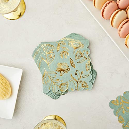 Sparkle and Bash Floral Napkins - 50-Pack, 5 x 5 in, Sage Green & Gold, 3-Ply - Scalloped Disposable Wedding Cocktail Napkins with Gold Foil - for Bridal Showers & Garden Parties
