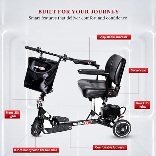 SNAPnGO Three Wheel Portable Mobility Adult Scooter - Aircraft-Grade Aluminum Frame for Top Speeds of 5mph and 13-Mile Range - Folding Feature, 250W Motor, Quick Charge 36V Lightweight Battery